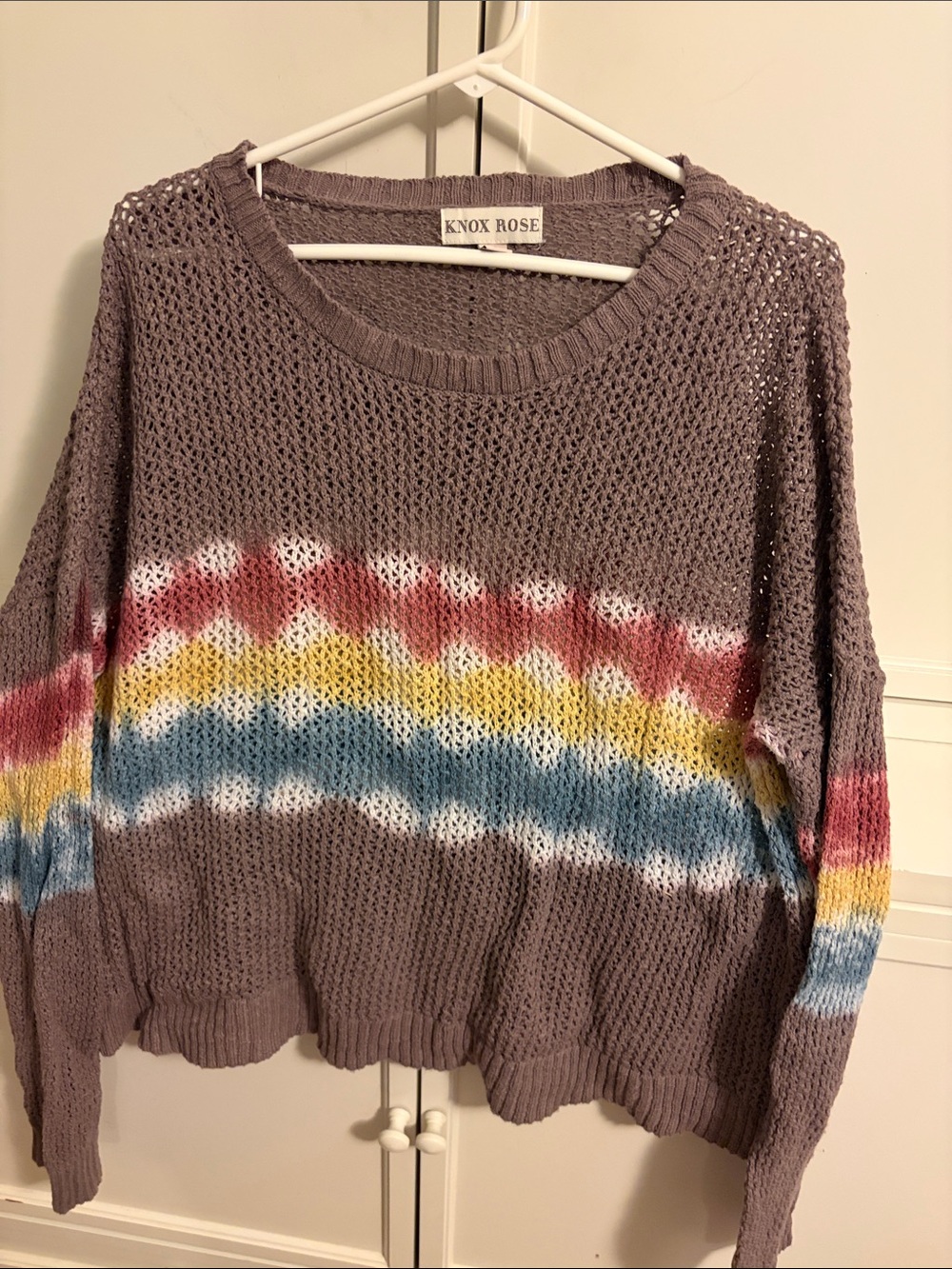 Knox Rose Lavender Open-Weave Crewneck Sweater with Rainbow Bands